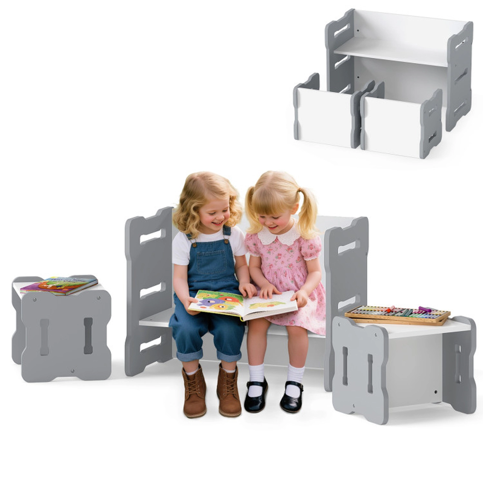 SUGIFT 3-Piece Toddler Study and Activity Table Set with 2 Stools 77-lb Capacity MDF 27-in Desk Gray/Natural