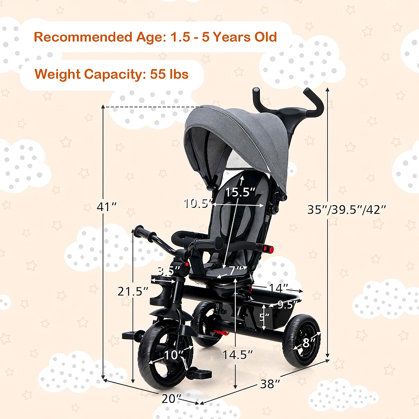 SUGIFT Toddler Gray 4-in-1 Baby Tricycle with Reversible Seat and Push Handle 38-in W 42-in H 55-lb Seat Capacity