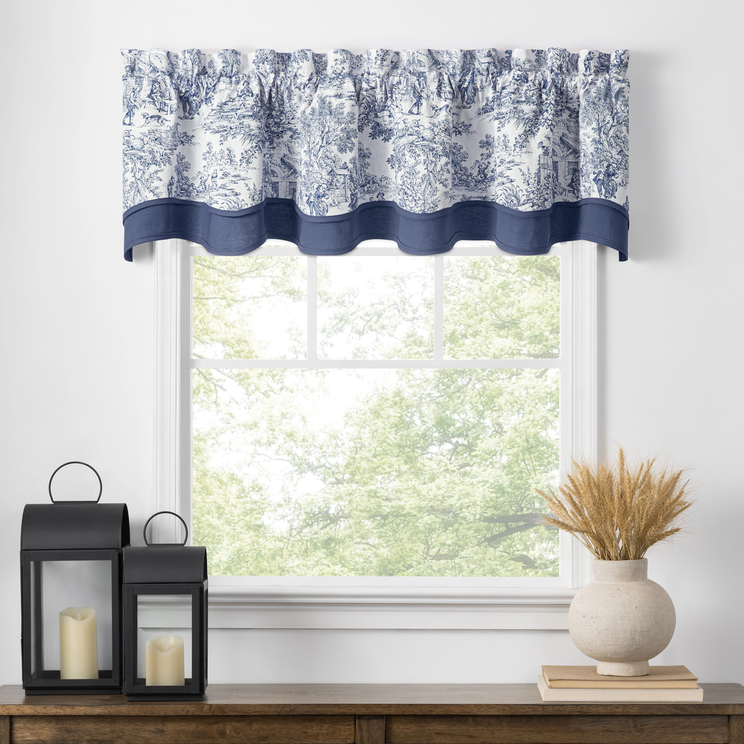 Ellis Curtain 100% Cotton Victoria Park Toile Bradford Shaped Window Valance With Print over Solid 70" x 15