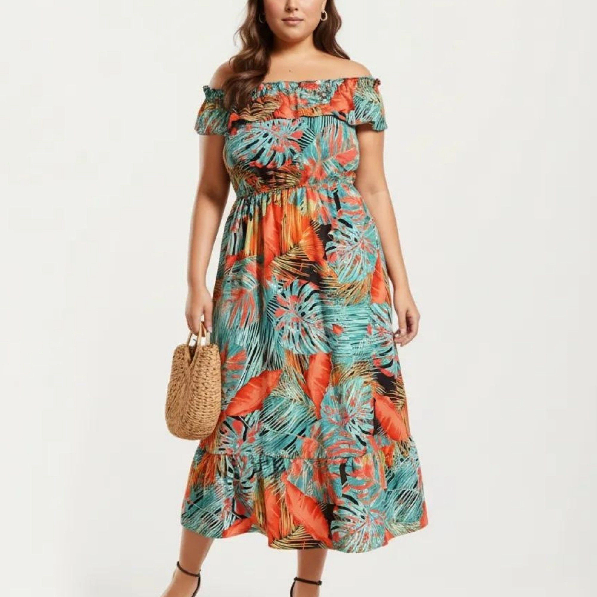 Anna-Kaci Women's Off Shoulder Tropical Print Ruffle Neckline Elastic Waist Tiered Hem Flowy Fit Midi Dress