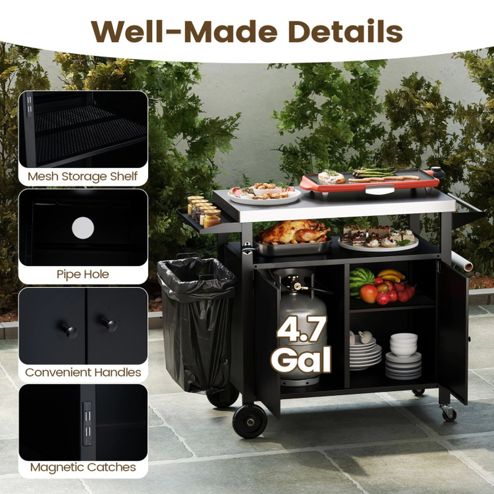 SUGIFT Grill Cart with Stainless Steel Top and 2-Door Cabinet 110-lb Tabletop Capacity Gas Tank Shelf 45-in Wide Black