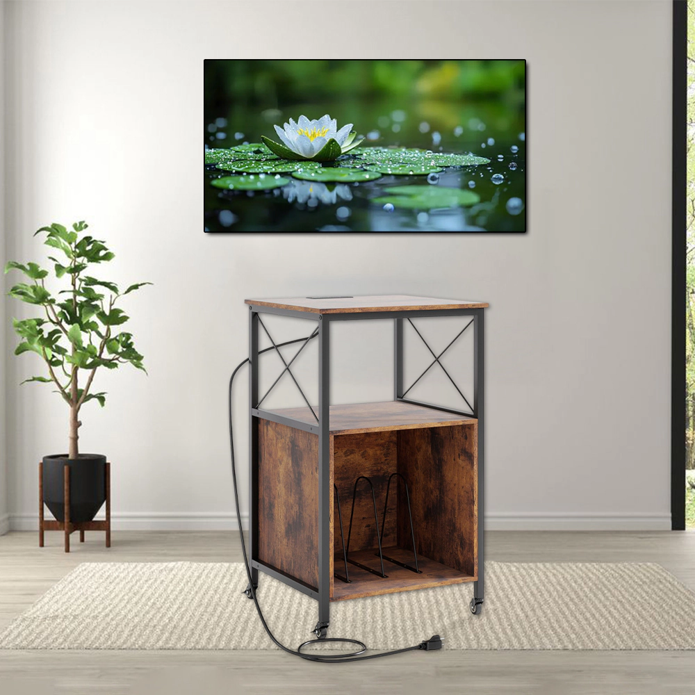 Hivvago Mobile Vinyl Record Stand with Charging Station, Open Shelf, and Sectioned Storage