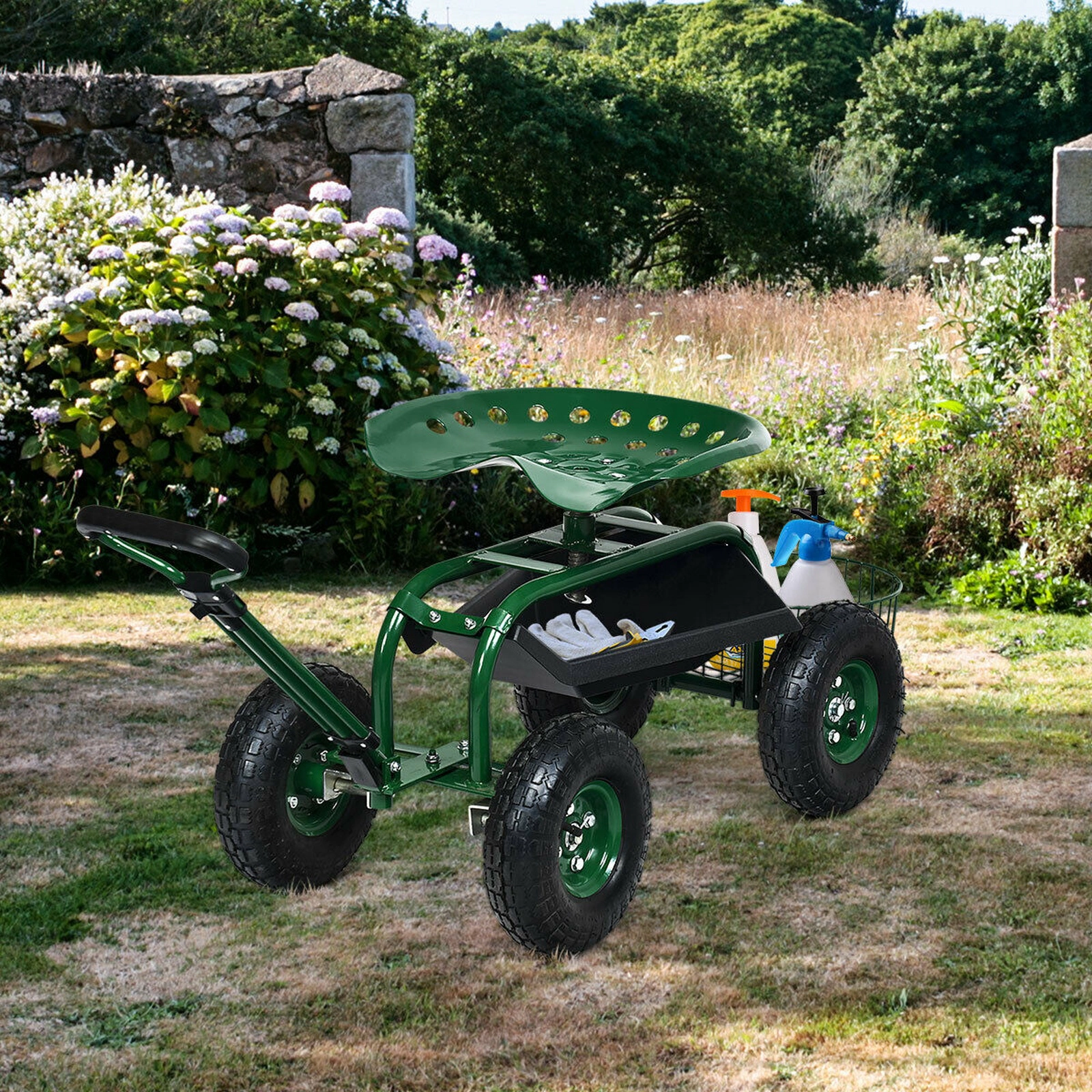 SUGIFT Heavy Duty Garden Cart with Tool Tray and 360 Swivel Seat 330-lb Capacity Green
