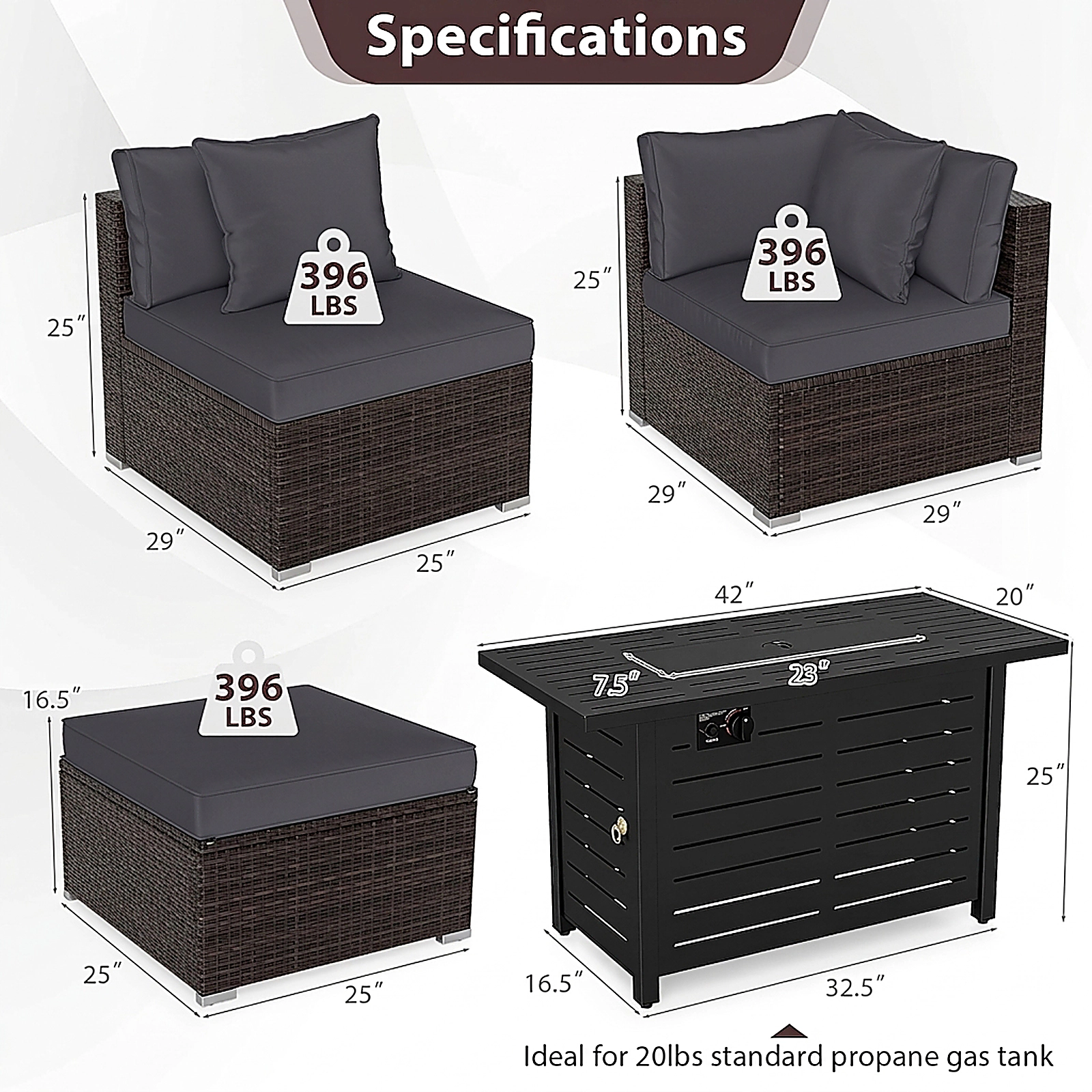 SUGIFT Heavy-duty Frame Rattan Conversation Sofa Set with 60000 BTU Firepit Table 400-lb Capacity Mix Brown Rattan Gray