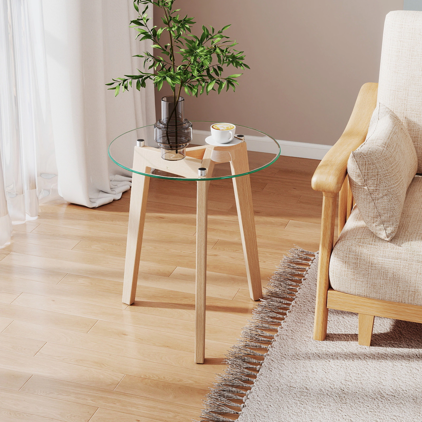 LJG Tempered Glass End Table Round with Solid Rubber Wood Structure