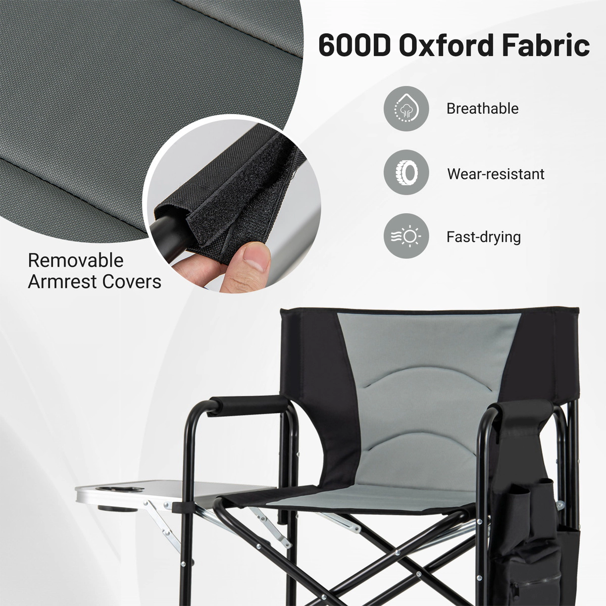 SUGIFT Gray 46-in Tall Folding Directors Chair with Side Table and Footrest 25.5-in W 21-in D 330-lb Seat Capacity