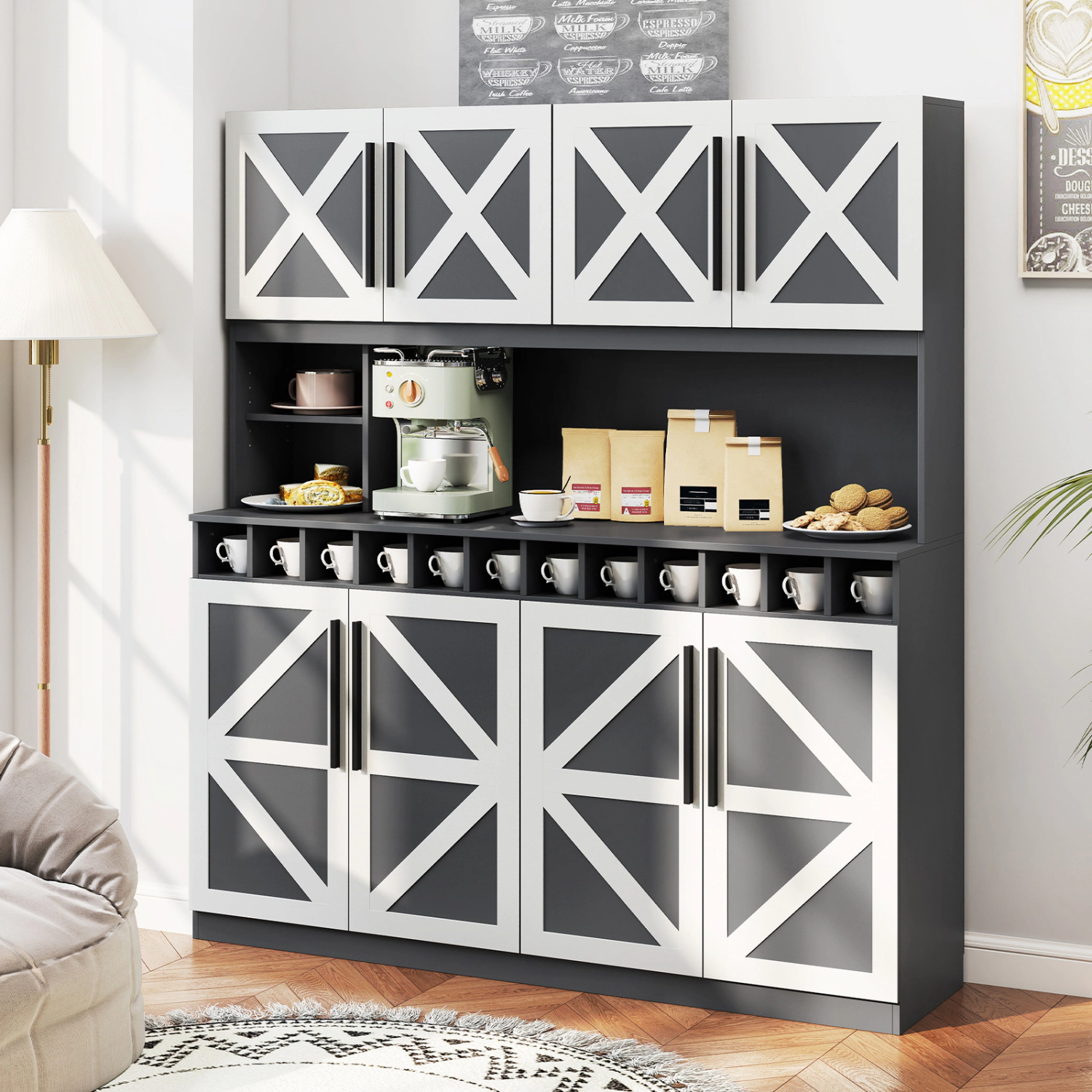 Glintex 70-Inch Farmhouse Pantry Hutch with 12-Bottle Wine Rack