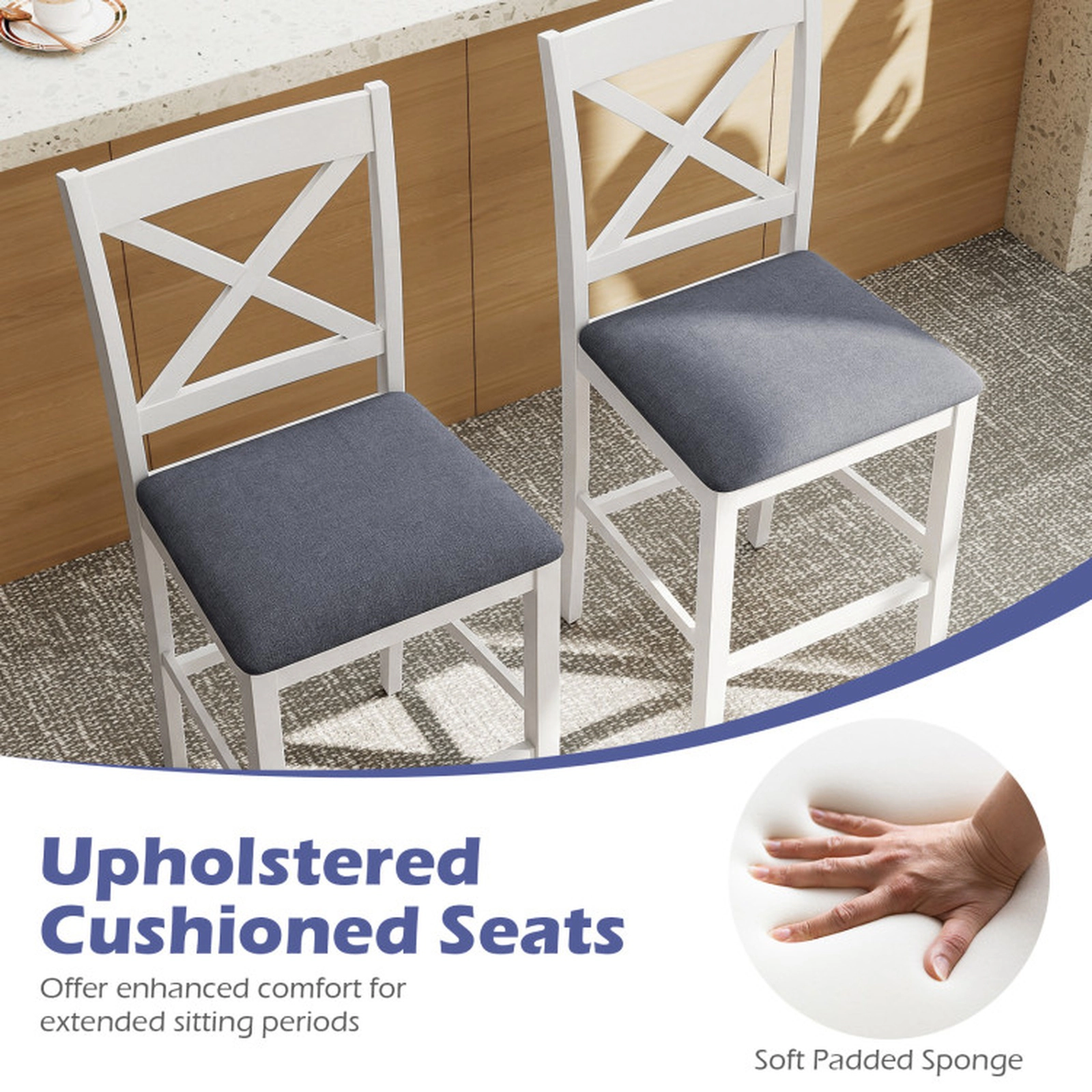 SUGIFT Gray Upholstered Cushioned Seat Set of 2 White X-Back Counter Height Bar Stools
