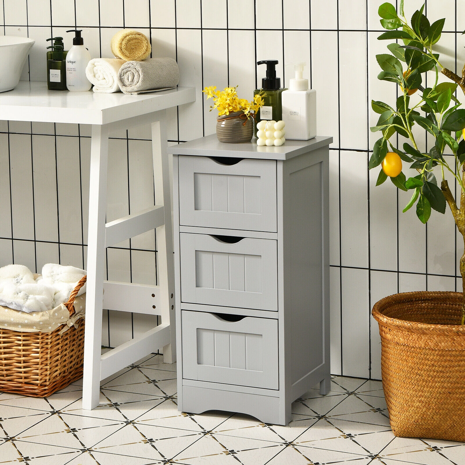 SUGIFT Gray 3-Drawer 12-in Wide Slim Freestanding Bathroom Floor Storage Cabinet with Cut-Out Handles