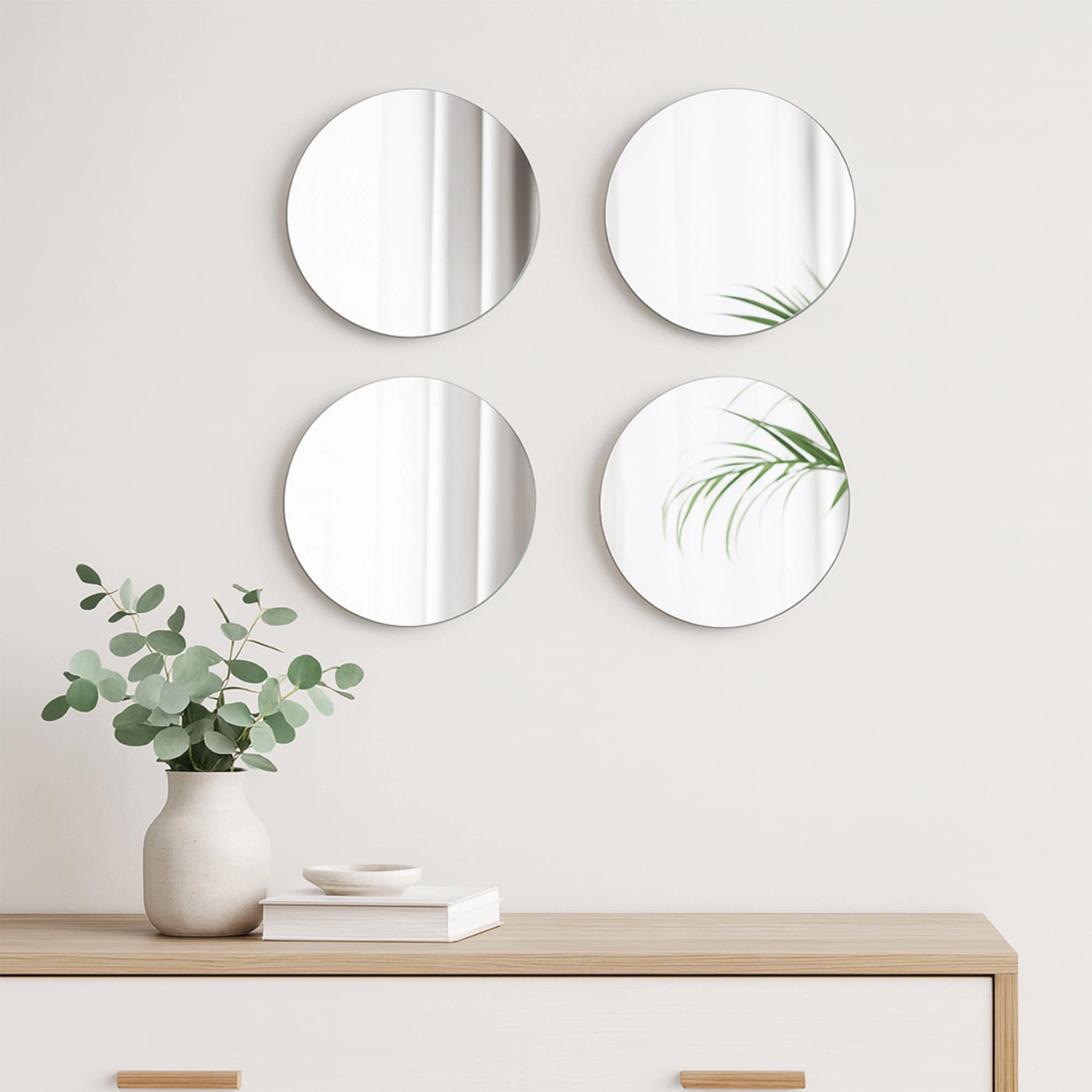 Evideco French Home Goods Set of 4 Self-Adhesive 7.12" Round Frameless Glass Mirrors, Silver