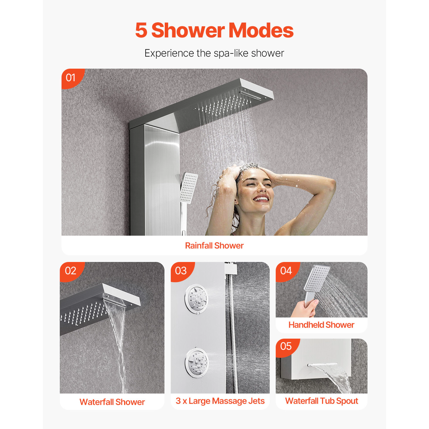 HONGGE 5-Function Shower Tower Panel, Rainfall & Waterfall with 3 Body Jets, 53 in Brushed Stainless Steel Shower Column