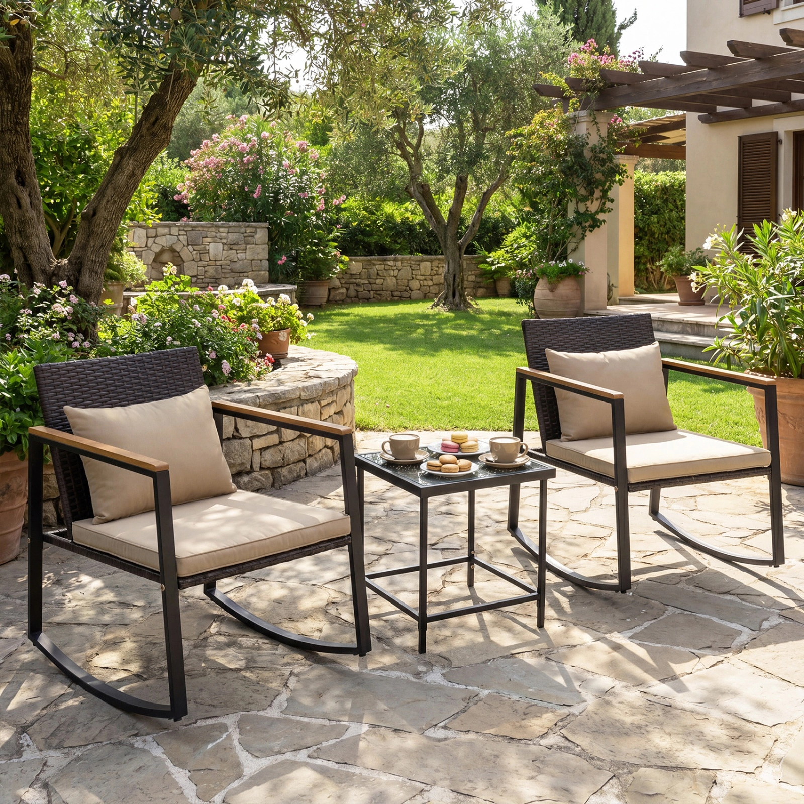 SUGIFT Outdoor Rocking Conversation Bistro Set with Cushions & Tempered Glass Table 397-lb Chair Capacity Brown & Black