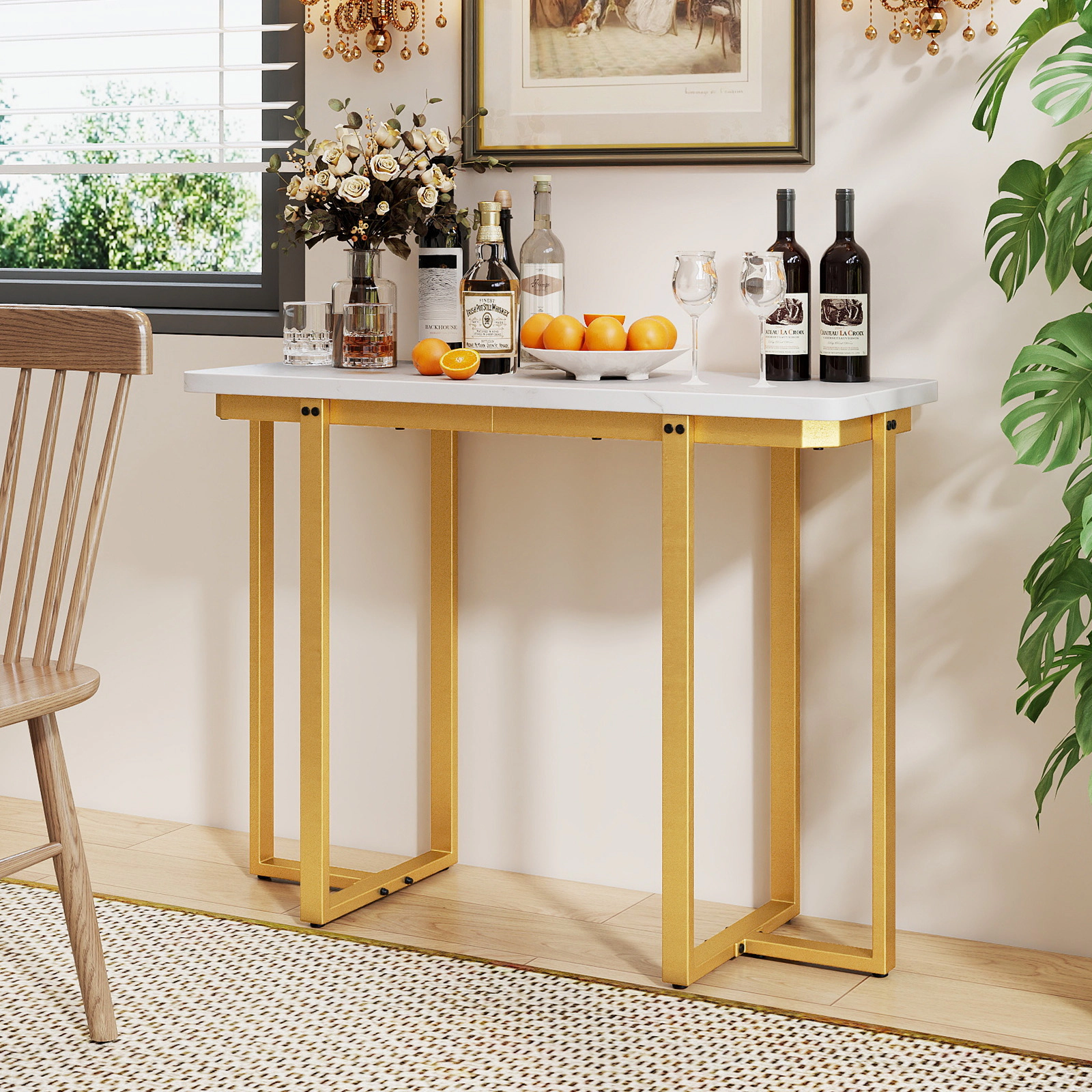 SUGIFT Modern Faux Marble Entryway Console Table with Geometric Metal Frame 155-lb Tabletop Capacity White & Gold