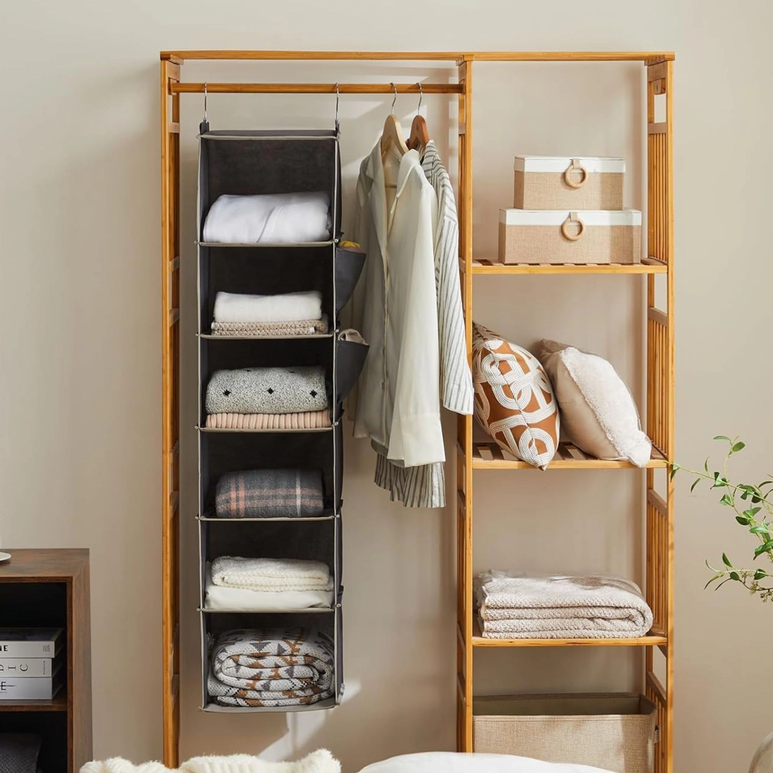 Stock Preferred 6 Shelf Hanging Closet Organizer with Side Pockets Fabric Storage Shelves