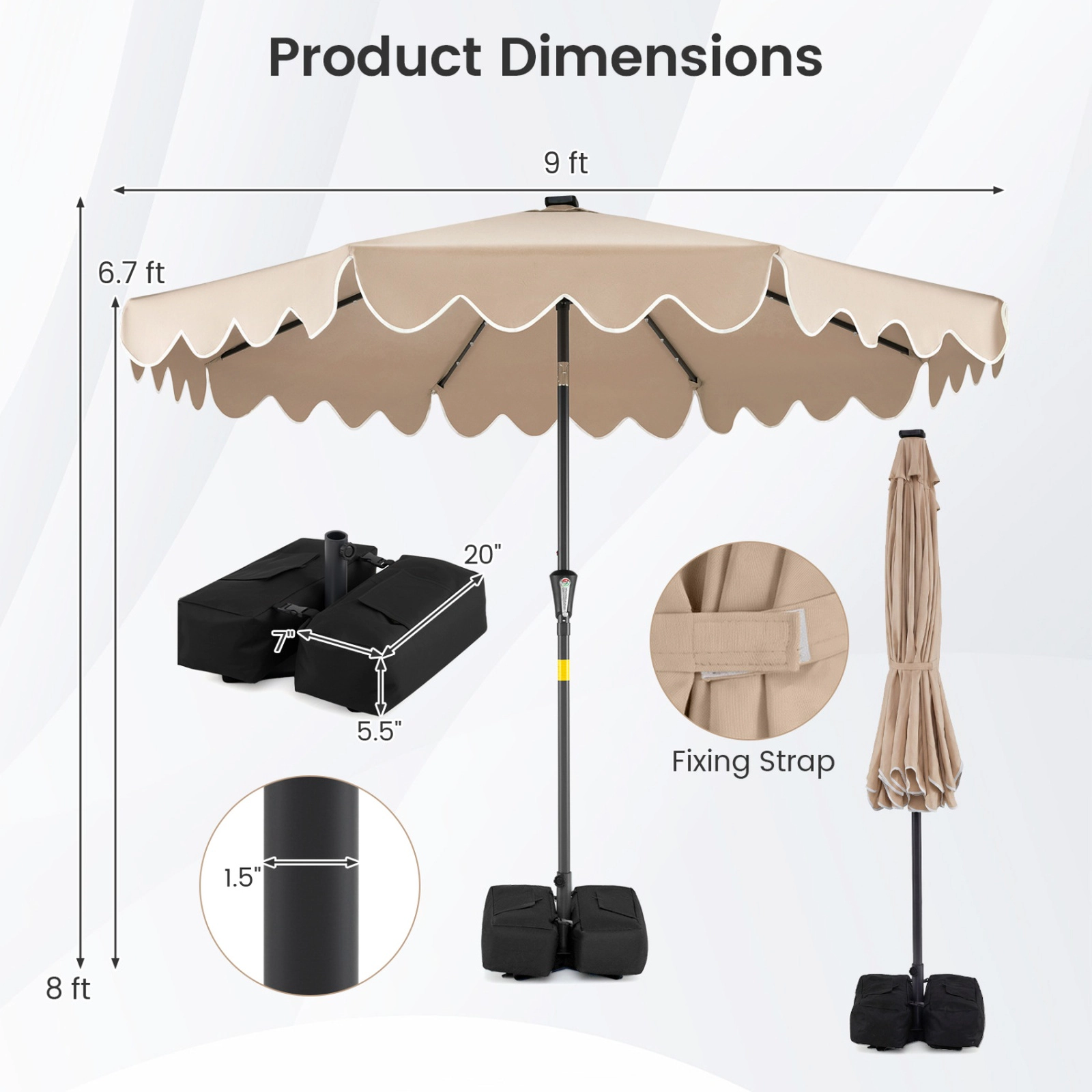 SUGIFT 9-ft Solar LED Lighted Outdoor Patio Umbrella with Crank Tilt, 9 x 8 in Canopy and Weighted Base Brown