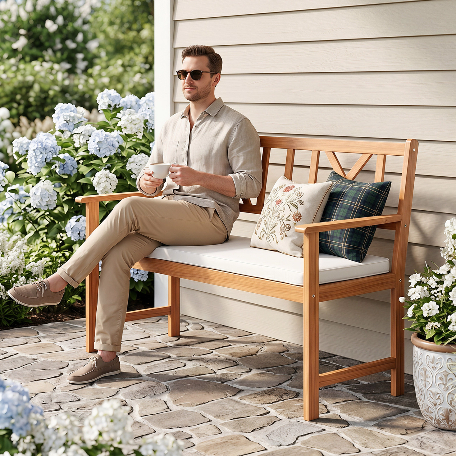 LJG 2-Person Patio Acacia Wood Garden Chair with Removable Seat Cushion