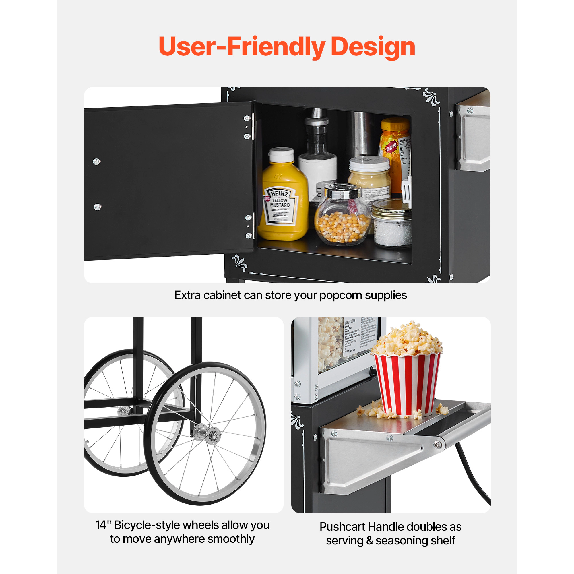HONGGE Popcorn Machine with Cart 8oz Stainless Steel Kettle 800W Commercial Maker 48 Cups per Batch Theater
