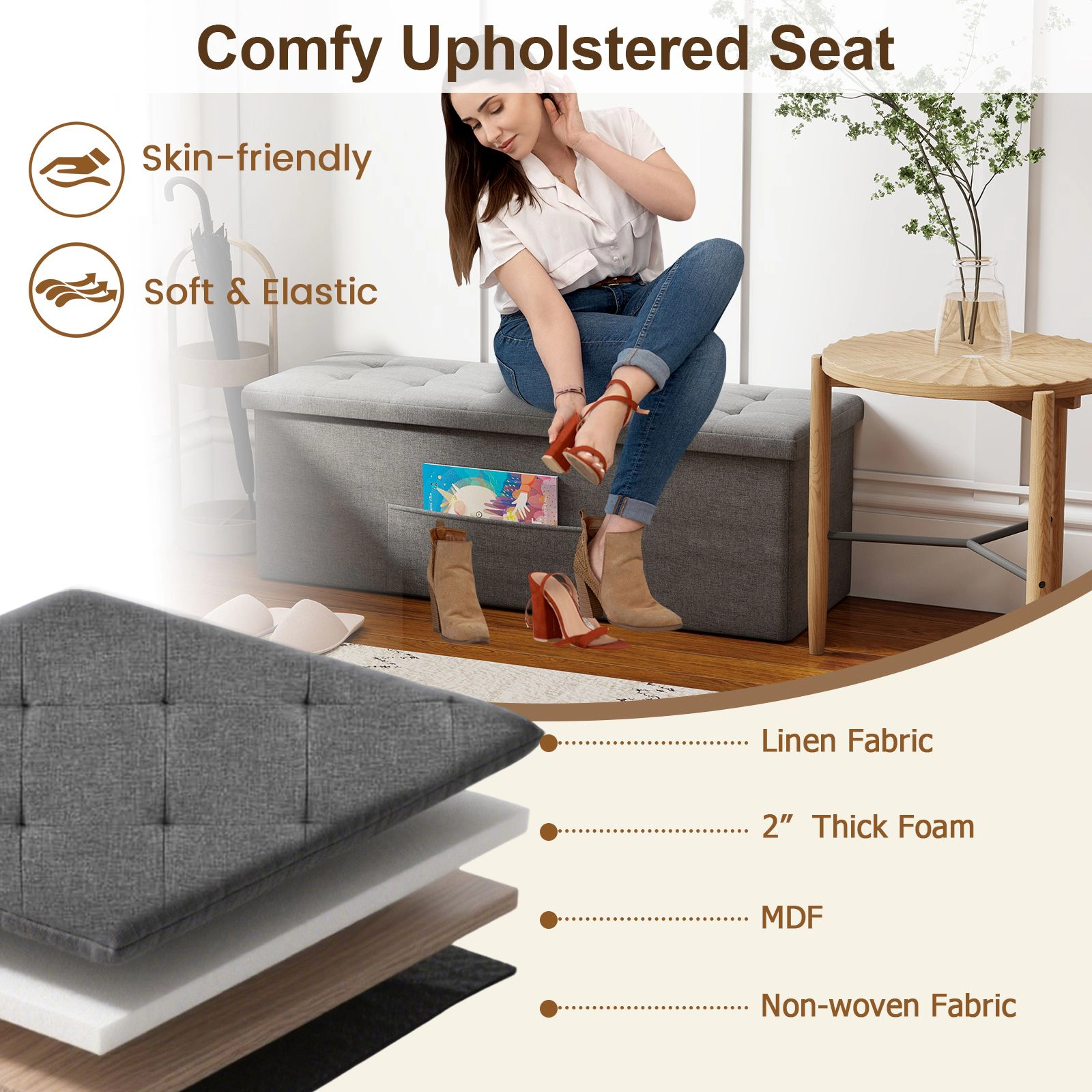 SlickBlue 38 Gallon Folding Storage Ottoman Bench With Tufted Seat