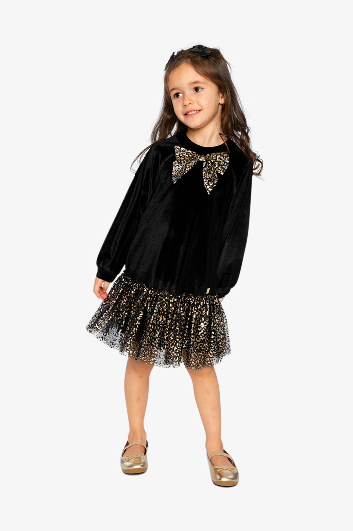 Deux par Deux Girls Bi-Material Raglan Long Sleeve Metallic Leopard Print Dress