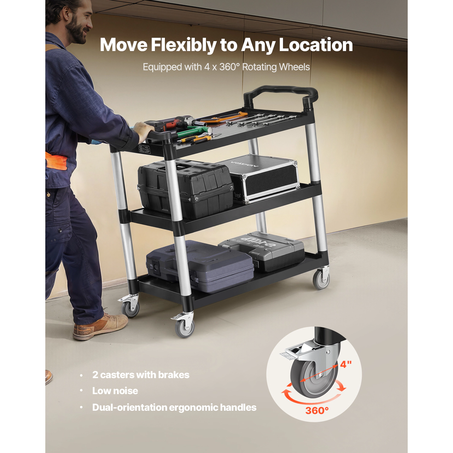 HONGGE 3-Tier Plastic Utility Cart, 330 lbs Capacity, Locking Swivel Wheels for Kitchen, Office & Warehouse