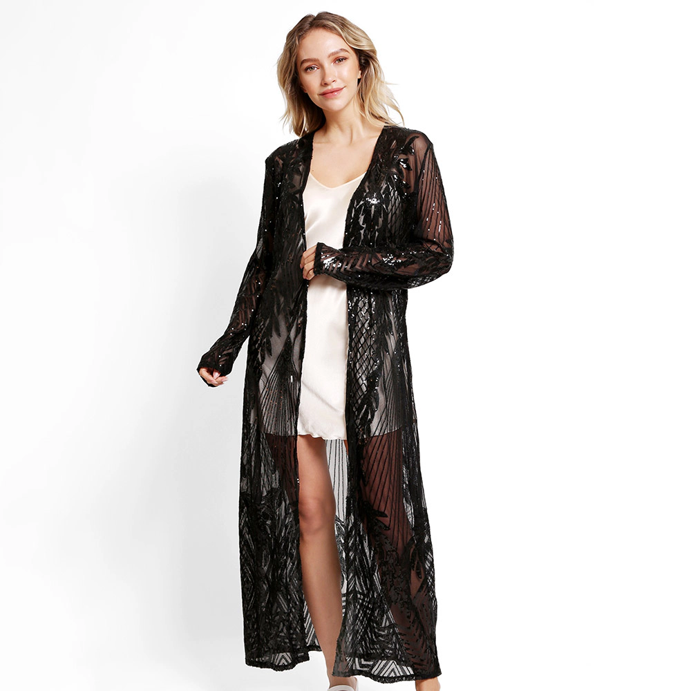 Truedames Women Leaves Pattern Sequin Long Cover-Up Kimono Poncho