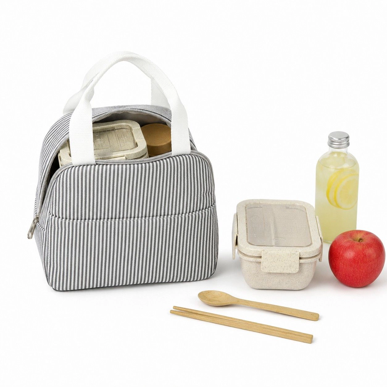 Alilang Women's Striped Insulated Lunch Tote Bag with Front Pocket and Zip Closure, Black Stripe