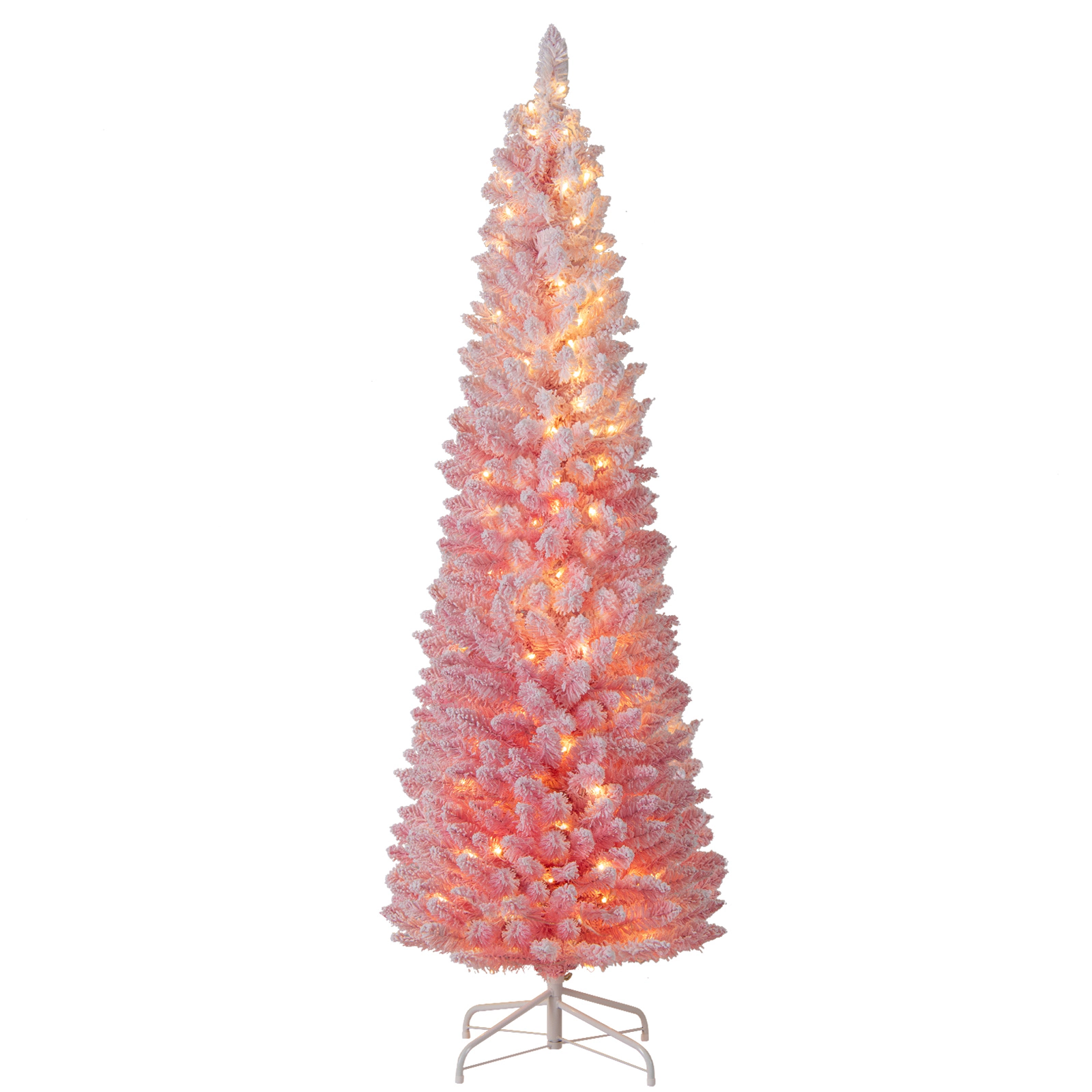 LJG Snow-Flocked Artificial Pink Christmas Tree Pre-Lit Hinged Xmas Tree for Holiday Decoration