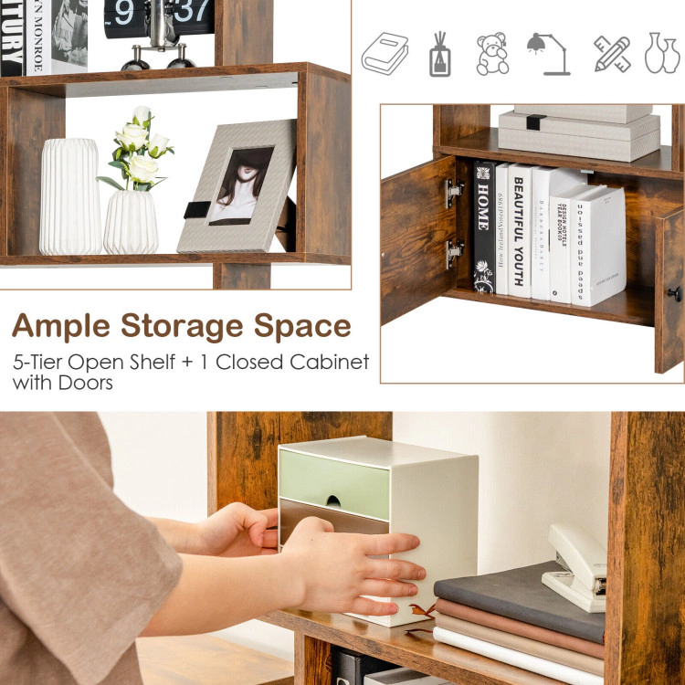 Hivvago 6-Tier S-Shaped Freestanding Bookshelf with Cabinet and Doors