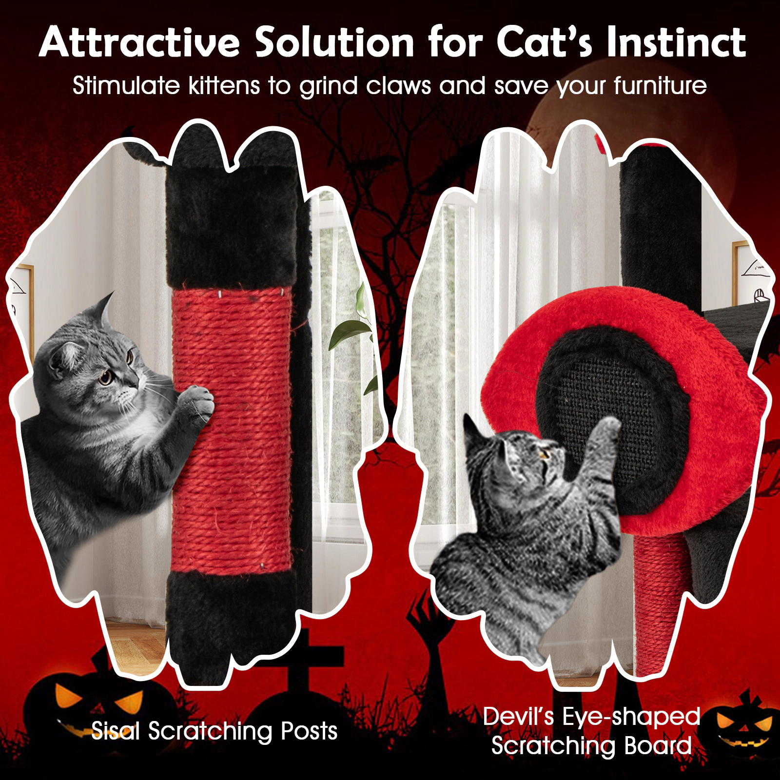 Glintex 52-Inch Gothic Cat Tree with Devil Eye Scratching Board and Spider Toy, Black