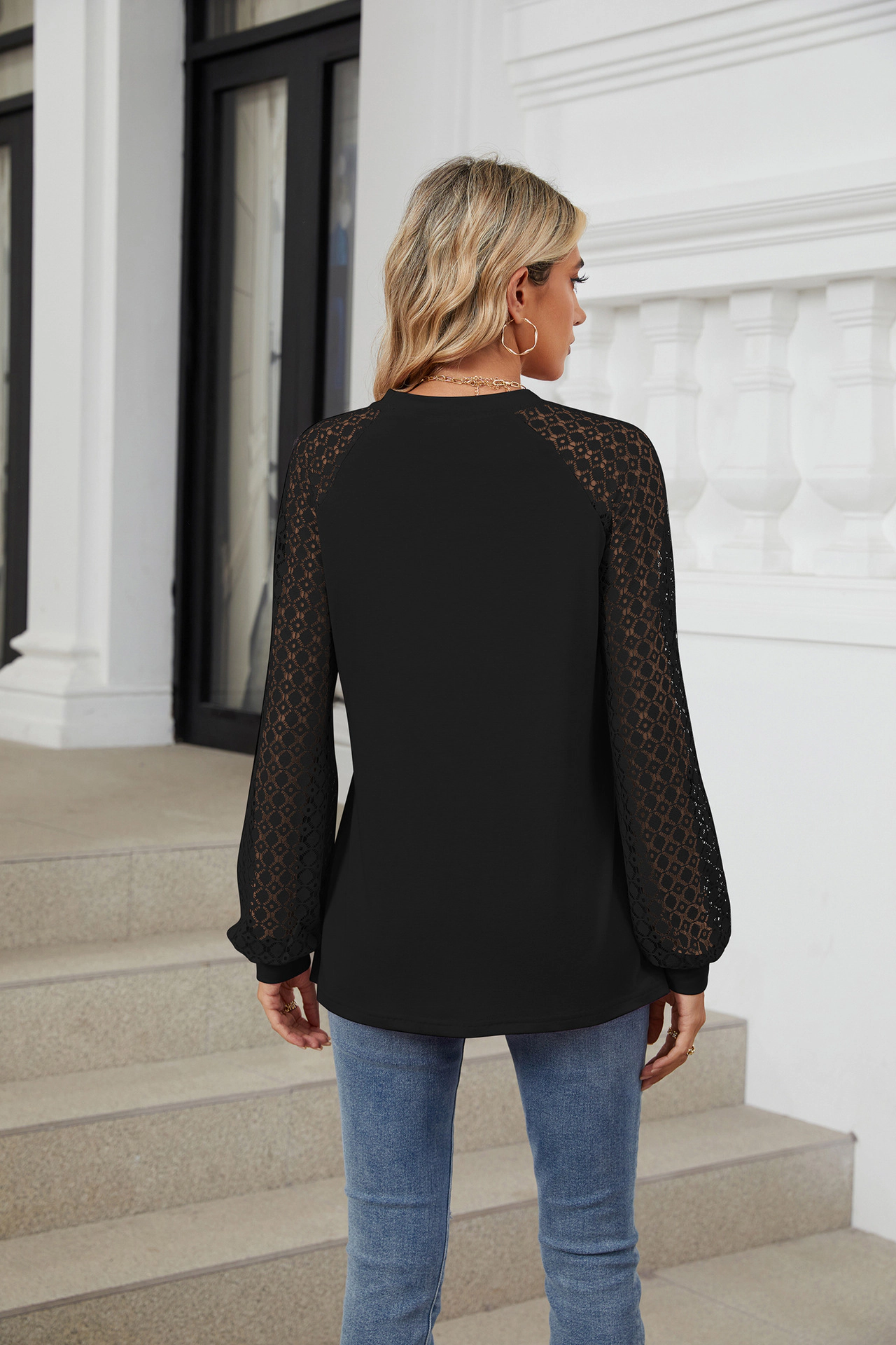 Enchanted Funland Womens Crew Neck Pleated Front Lace Raglan Long Sleeve Tops