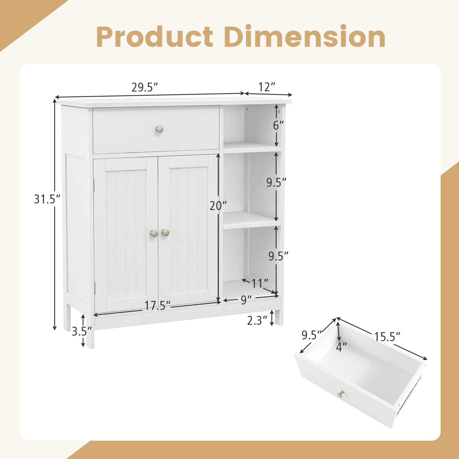 Slickblue White Storage Cabinet with Drawer, Adjustable Shelf and Open Shelves