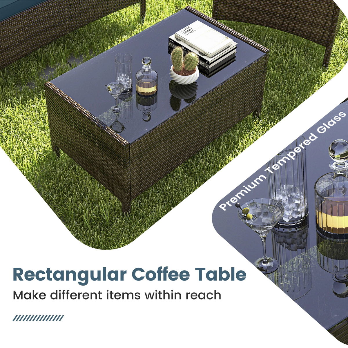 SUGIFT 4 Piece PE Rattan Patio Conversation Set with Cushions 800-lb Loveseat 400-lb Chairs 110-lb Table Peacock Blue
