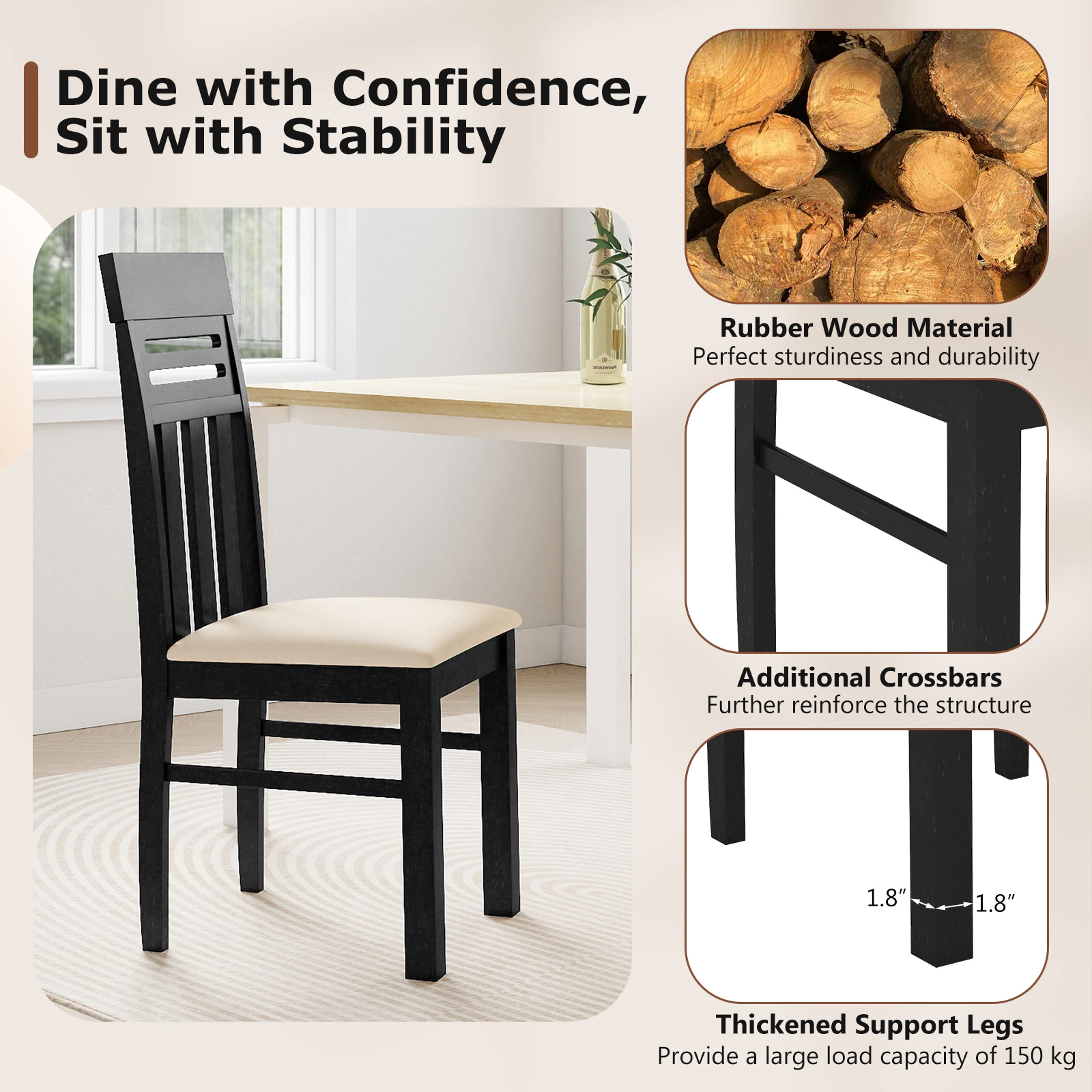 SUGIFT Ergonomic High Back Rubber Wood Dining Chairs with PU Leather Seat 330-Lb Capacity Set of 2 Black