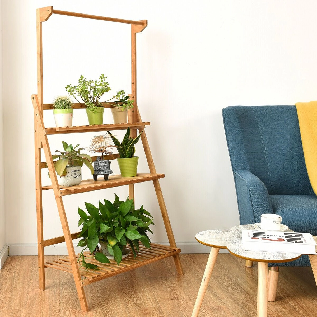 SlickBlue Unisex 3-Tier Indoor Outdoor Plant Stand with Hanging Rod