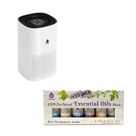 Pursonic Unisex Home Wellness Air Purifier & Aromatherapy Bundle: True HEPA Air Purifier & 6-Pack Essential Oil Blends