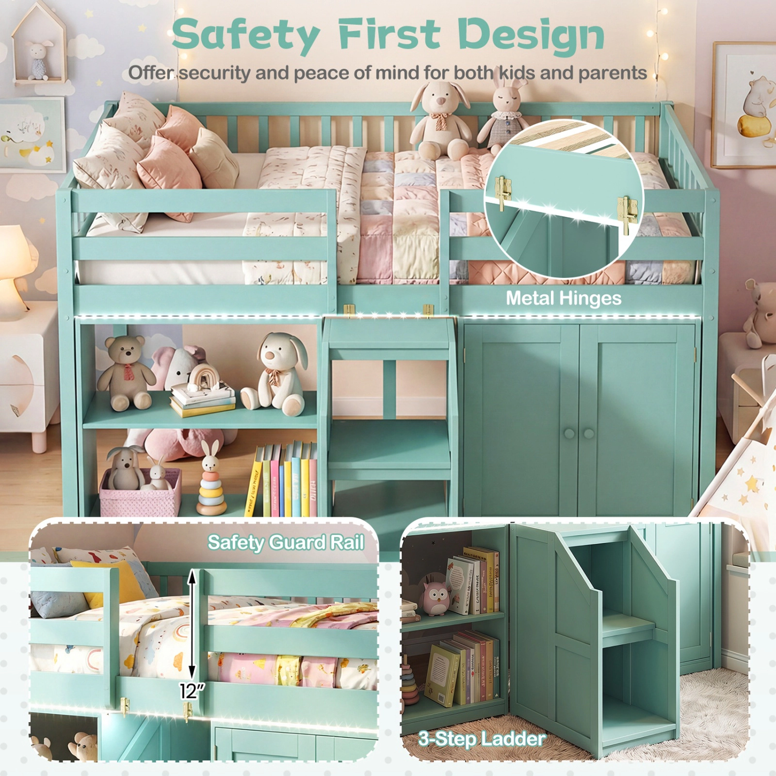 SUGIFT Green LED Lights Stairs Bookshelf and Cabinet Twin Size Kids Loft Bed