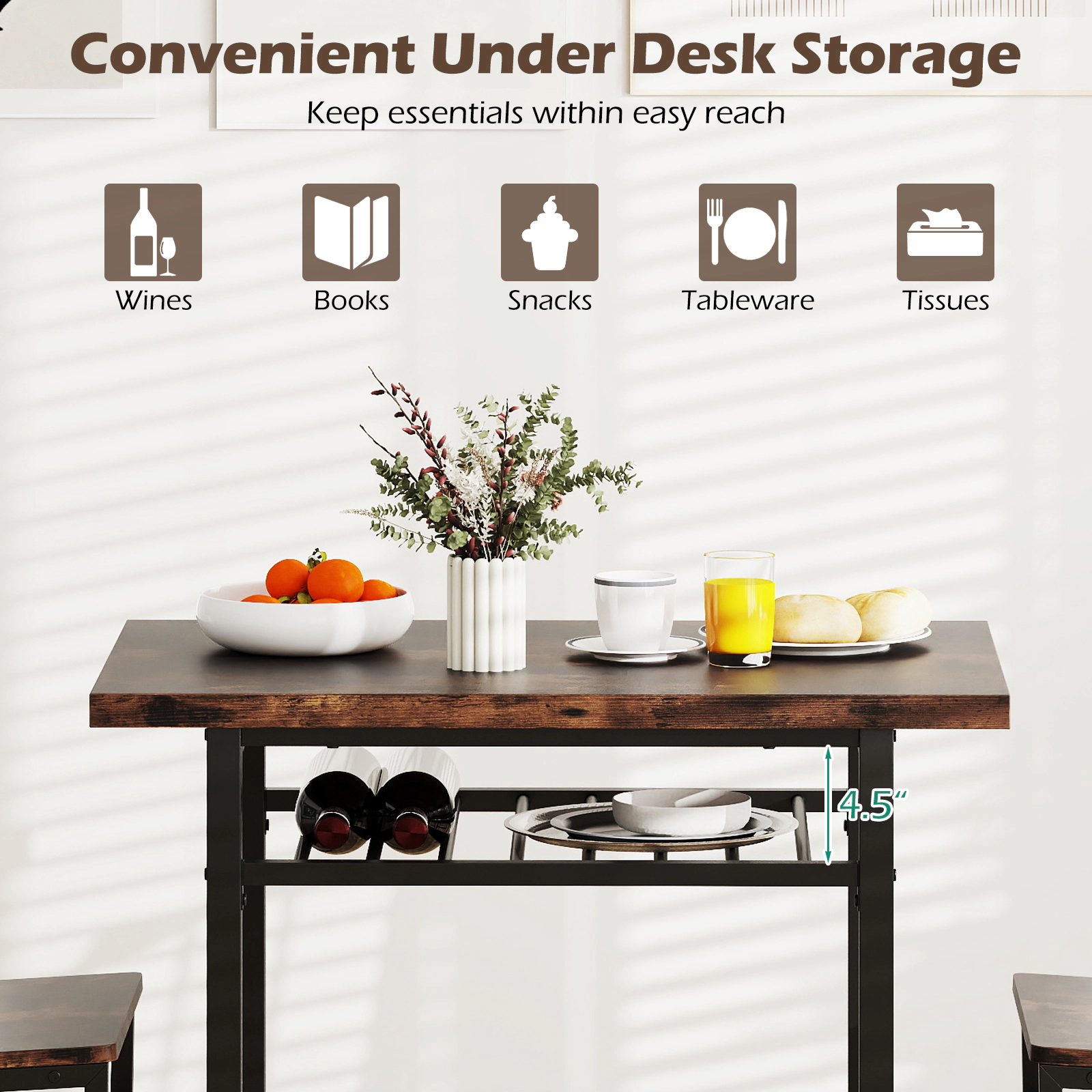 SUGIFT 3 Piece Dining Set Rustic Brown 31.5 in Table with Storage Shelf and 2 Chairs