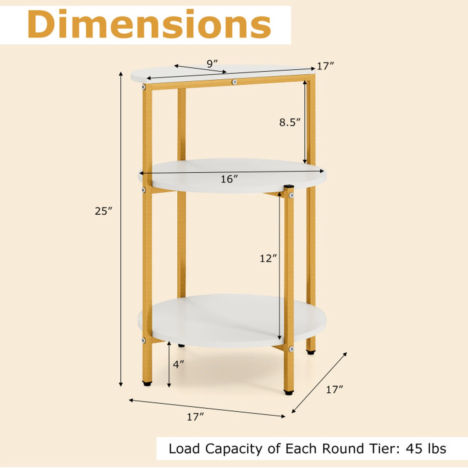 SUGIFT 2 Piece Round Engineered Wood Metal Frame 3 Tier Storage End Table Set White