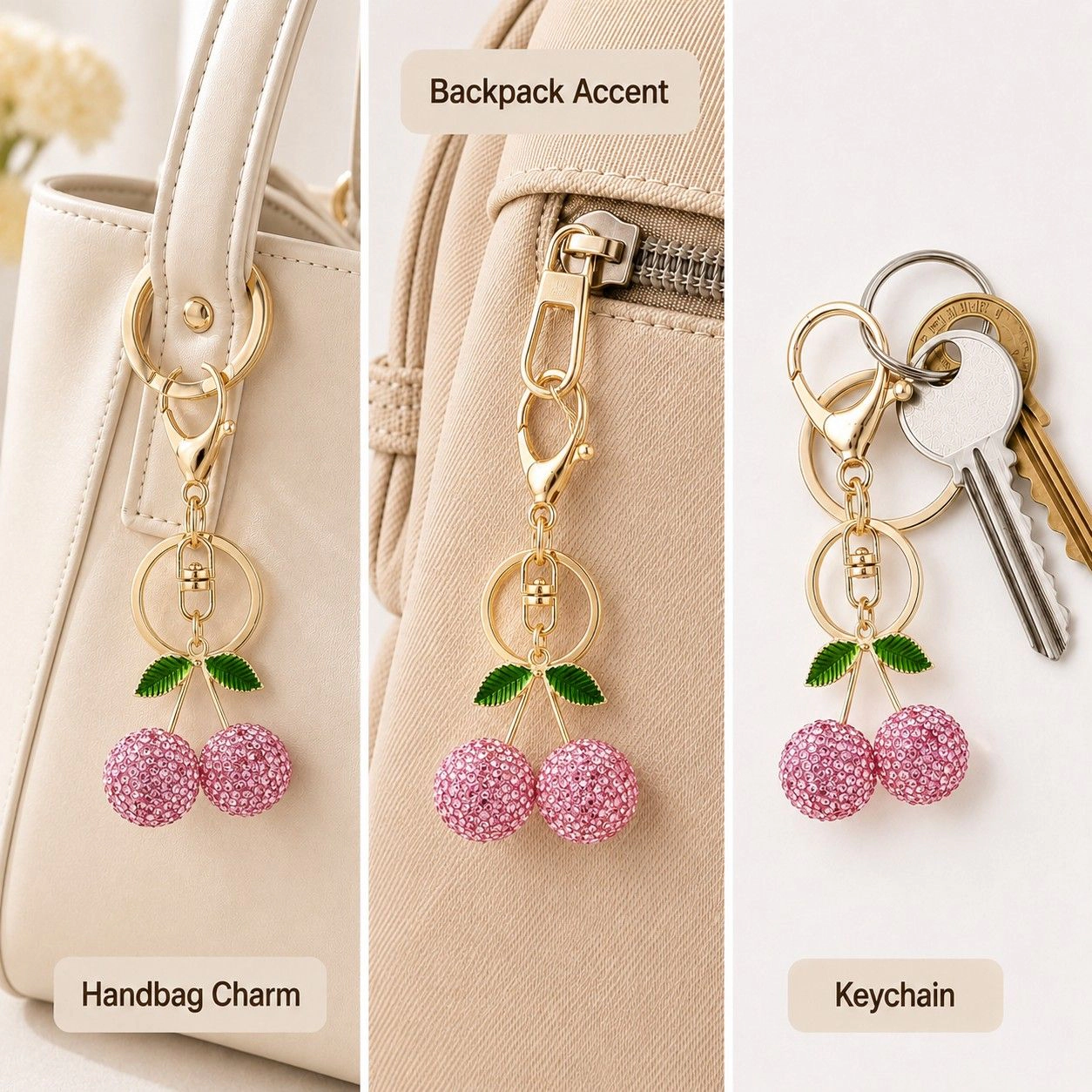 Alilang Women's Rhinestone Cherry Bag Charm Keychain with Gold-Tone Lobster Clasp, Pink