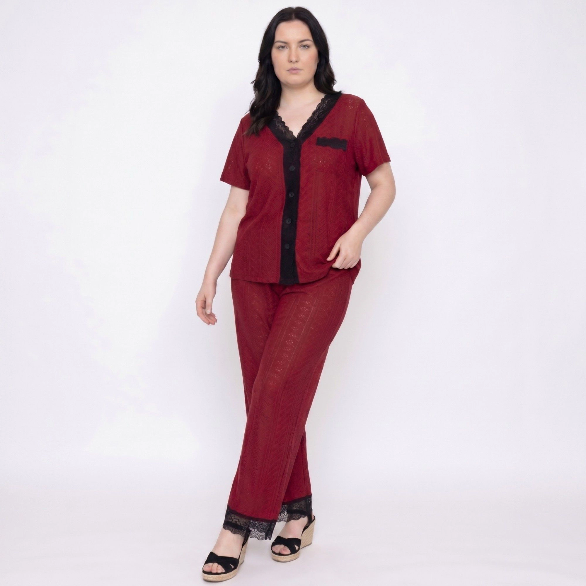 Anna-Kaci Women's Plus 2-Piece Pointelle Button Front Short Sleeve Pajama Top and Pants Set with Lace Trim