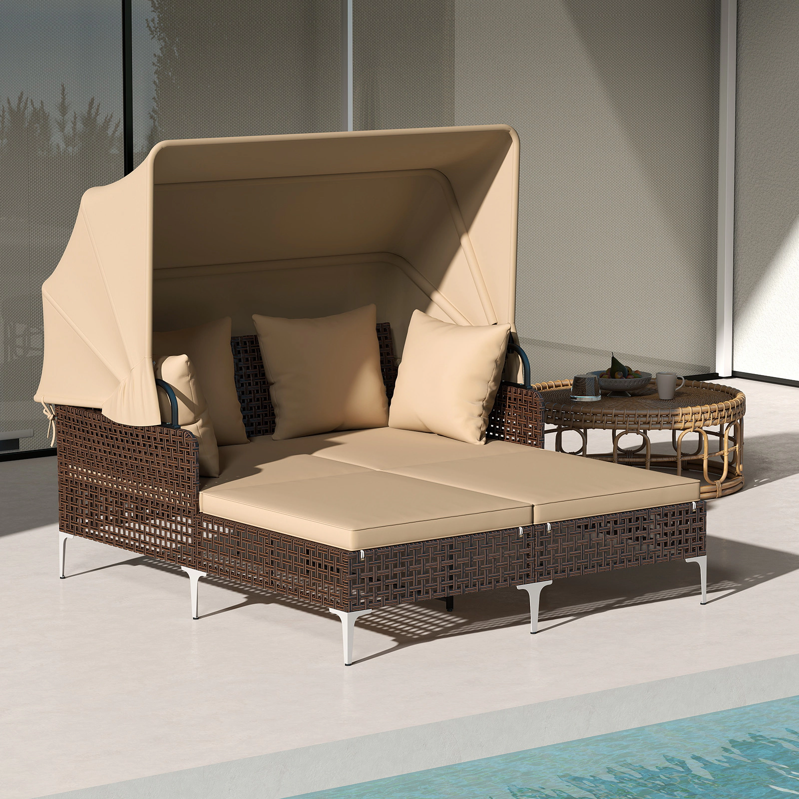 LJG Outdoor Daybed with Retractable Canopy PE Wicker Rattan Patio Lounger