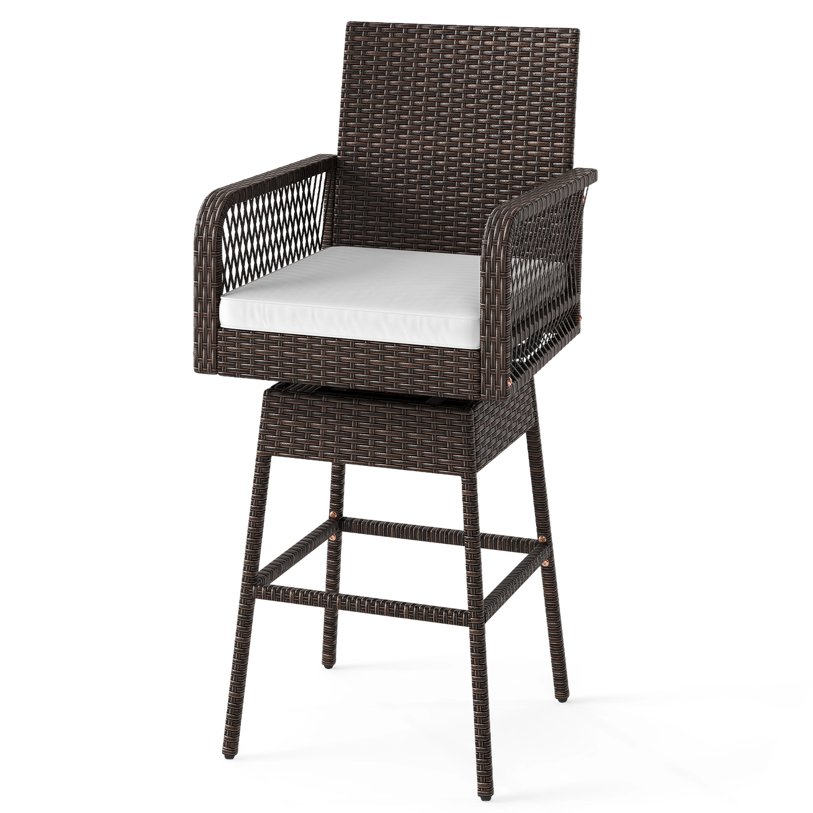 LJG 29 Inches Patio 360° Swivel Bar Stool with Cross-Woven Armrests and Seat Cushion