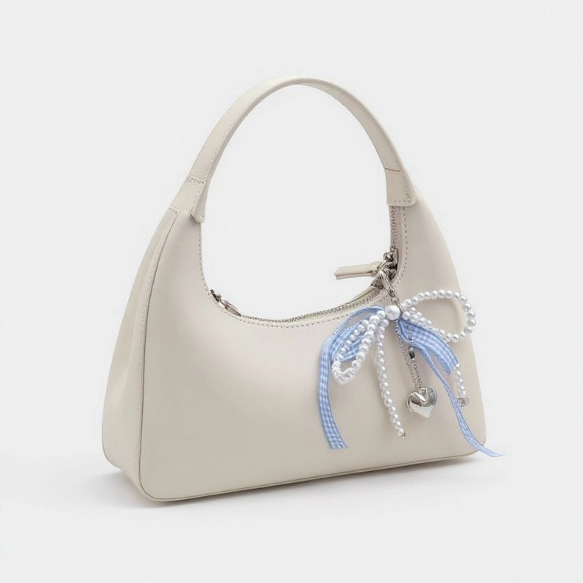 Alilang Women's Ribbon Pearl Bow Keychain with Silver Heart Charm and Gingham Accent