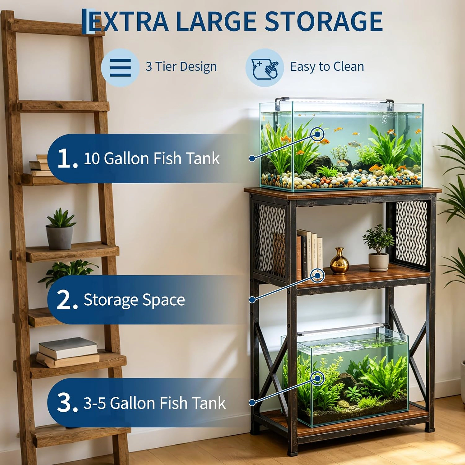 10 Gallon Aquarium Stand, 3-Tier Metal Wood Fish Tank Holder with Storage Shelves