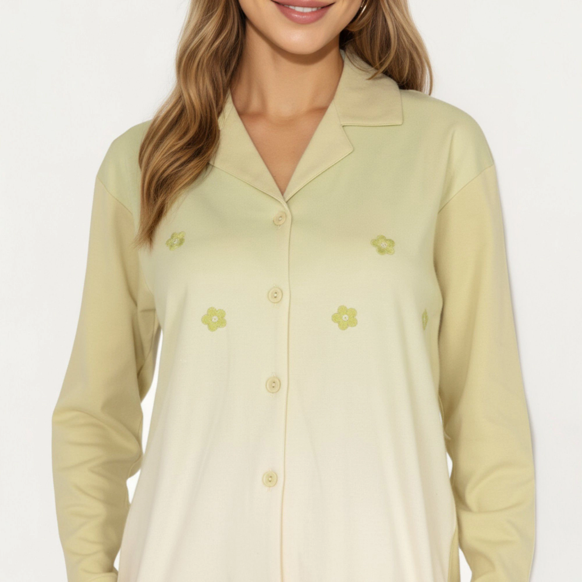 Anna-Kaci Women's 2-Piece Long Sleeve Button Front Top and Relaxed Fit Pants Pajama Set with Minimalist Floral Detail