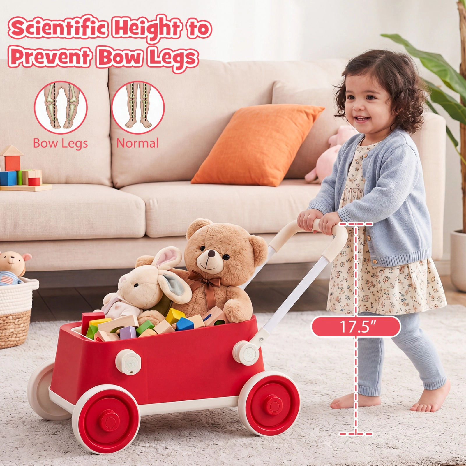 SUGIFT Red Wheels Foldable Handlebar and Storage Basket Baby Push Walker