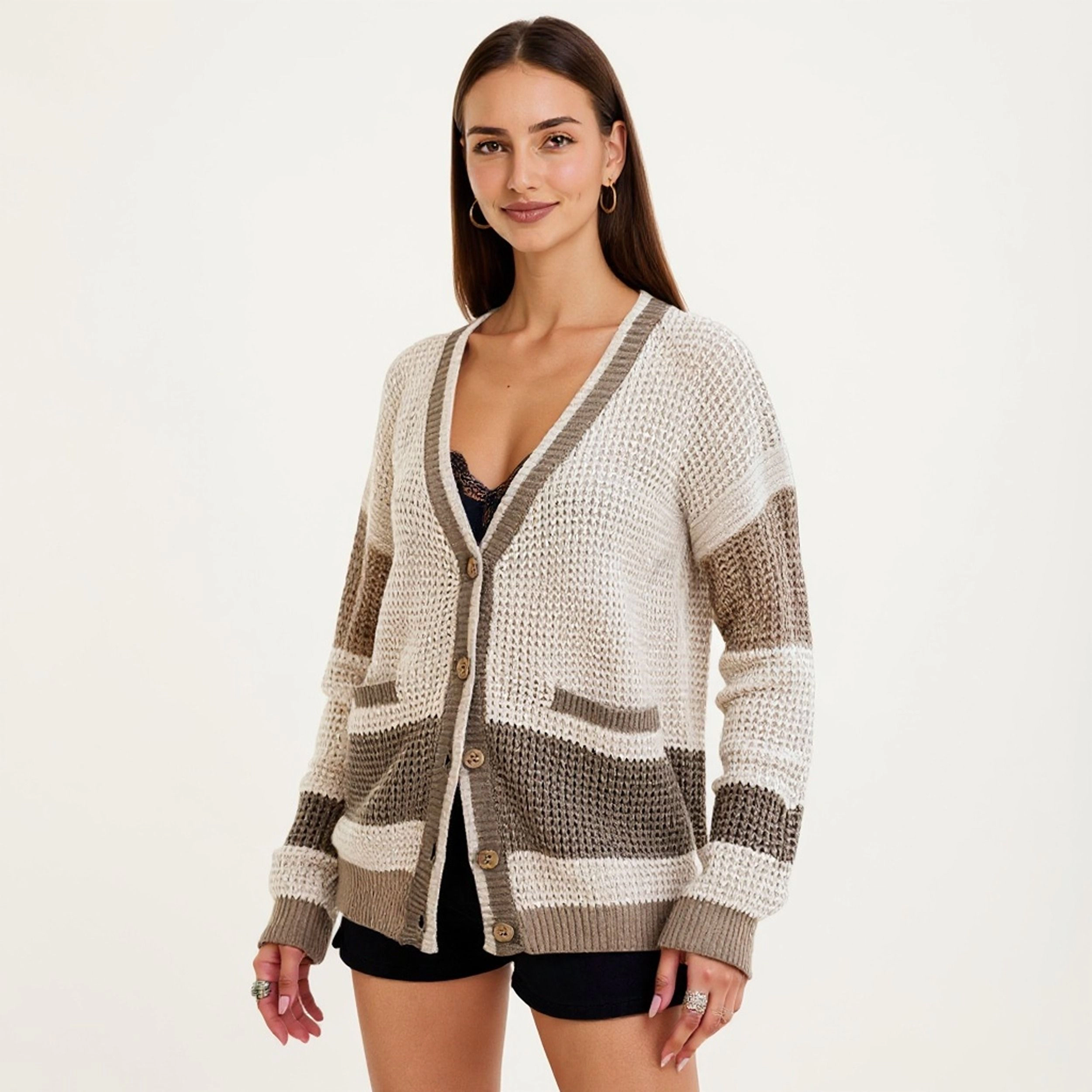 Anna-Kaci Women's Button Front Striped Knit Cardigan with Pockets and Relaxed Fit