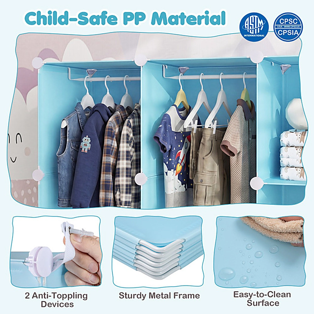 SUGIFT Modular 13-Cube Baby Wardrobe Storage Organizer with Hanging Rod and Shelves 6.5-lb Cube Capacity Stackable Blue