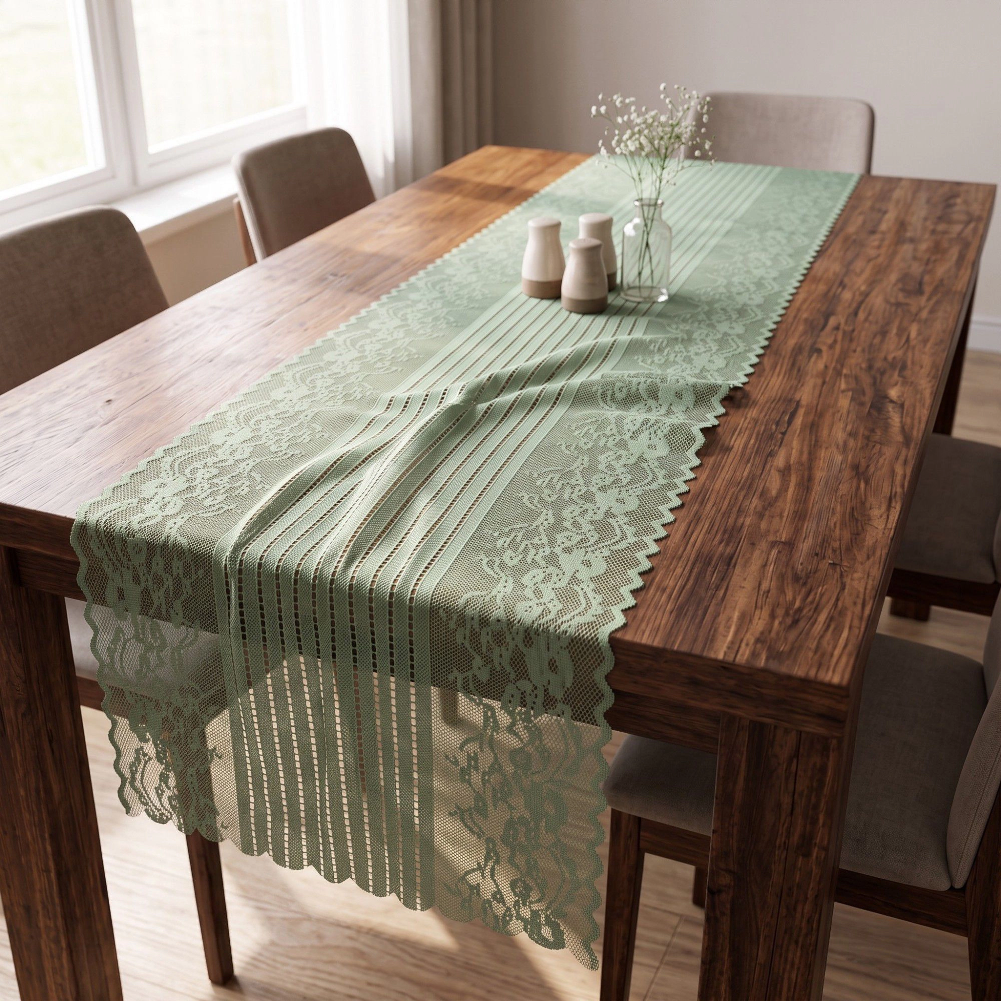 Alilang Women Floral Lace Table Runner with Scalloped Edges and Pom Trim 17.7x47in