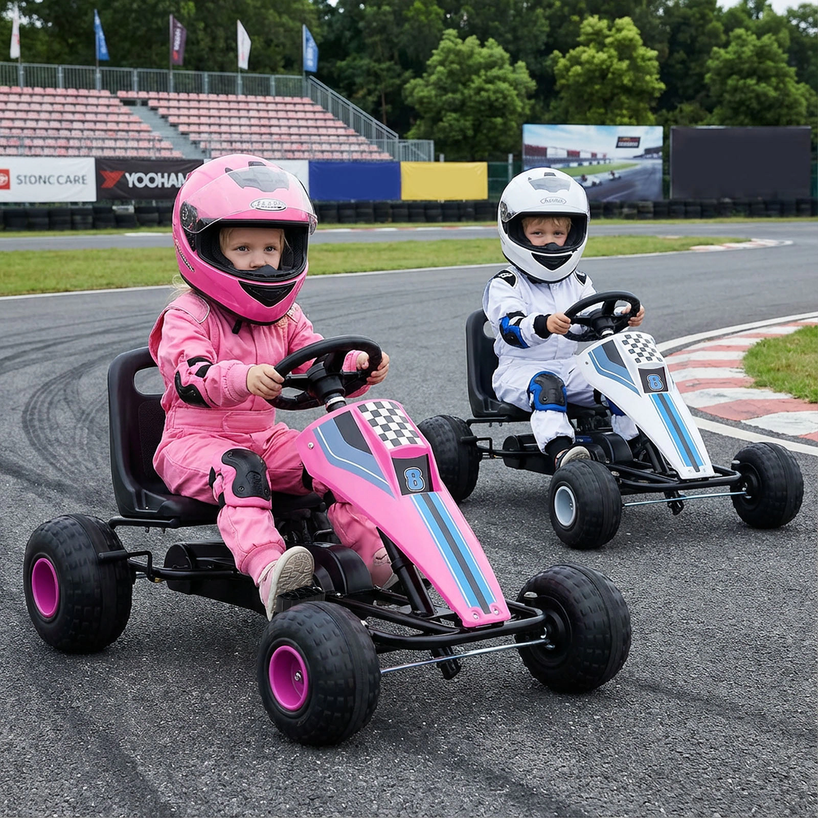 LJG 4-Wheel Ride on Toy Pedal Go Kart for Kids with Steering Wheel and Safe Handbrake